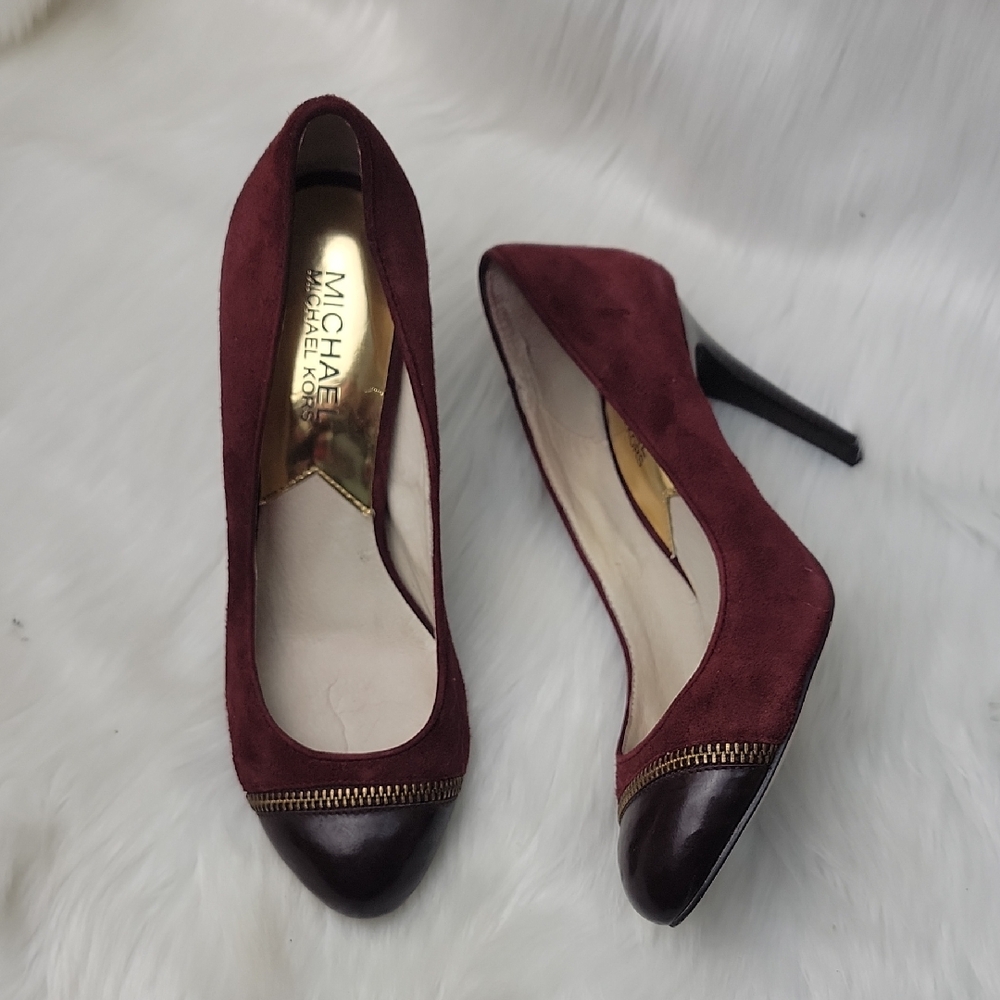 MICHAEL KORS Cynthia Bordeaux Zipper Brown‎ Leather Cap Toe Suede Office Heels 6